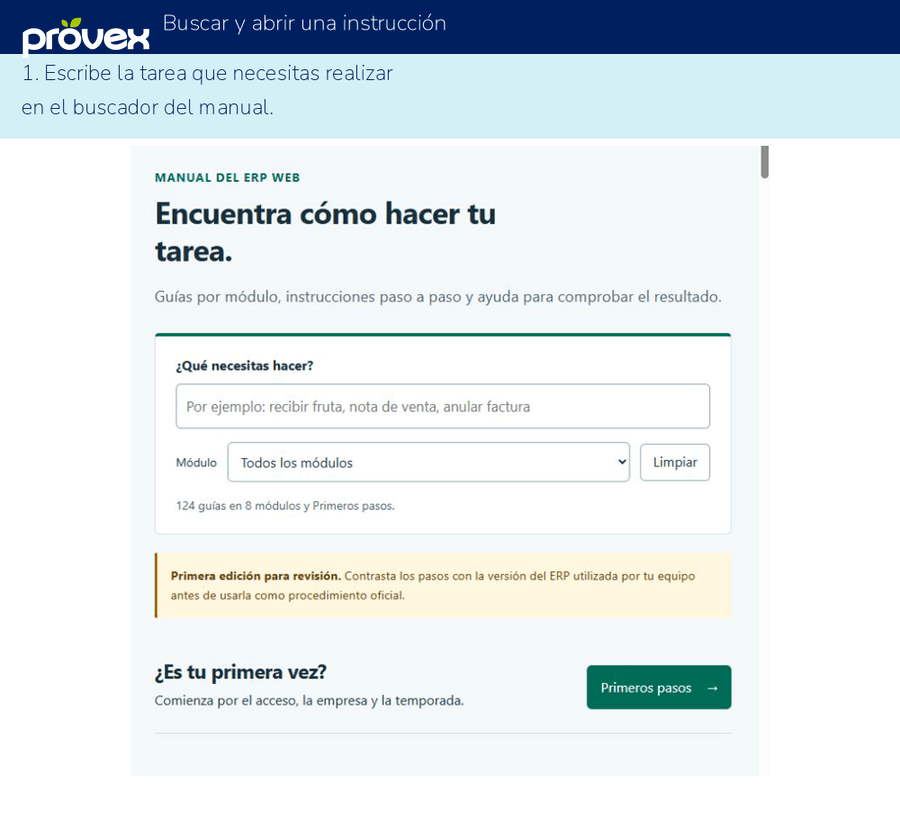 Buscar y abrir una instrucción. Capturas reales del ERP.