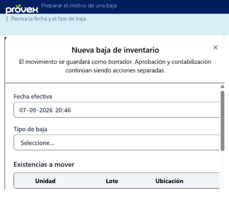 Preparar el motivo de una baja. Capturas reales del ERP.