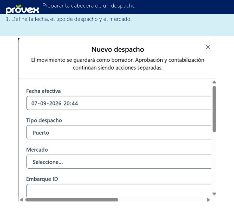 Preparar la cabecera de un despacho. Capturas reales del ERP.