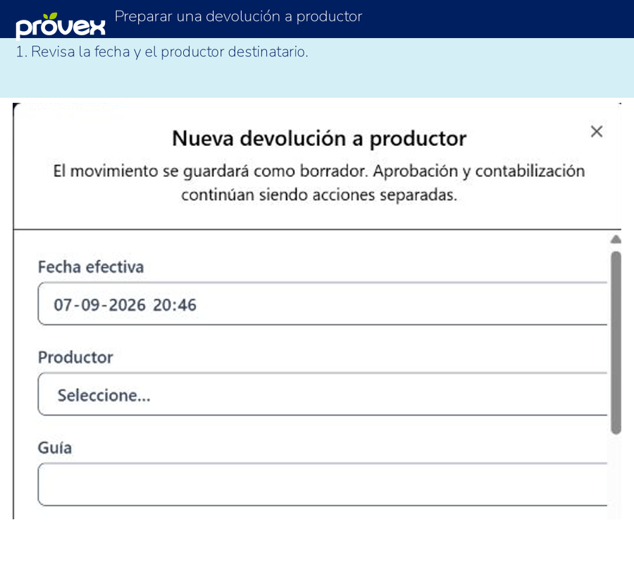 Preparar una devolución a productor. Capturas reales del ERP.