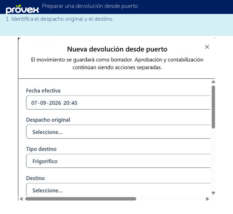 Preparar una devolución desde puerto. Capturas reales del ERP.