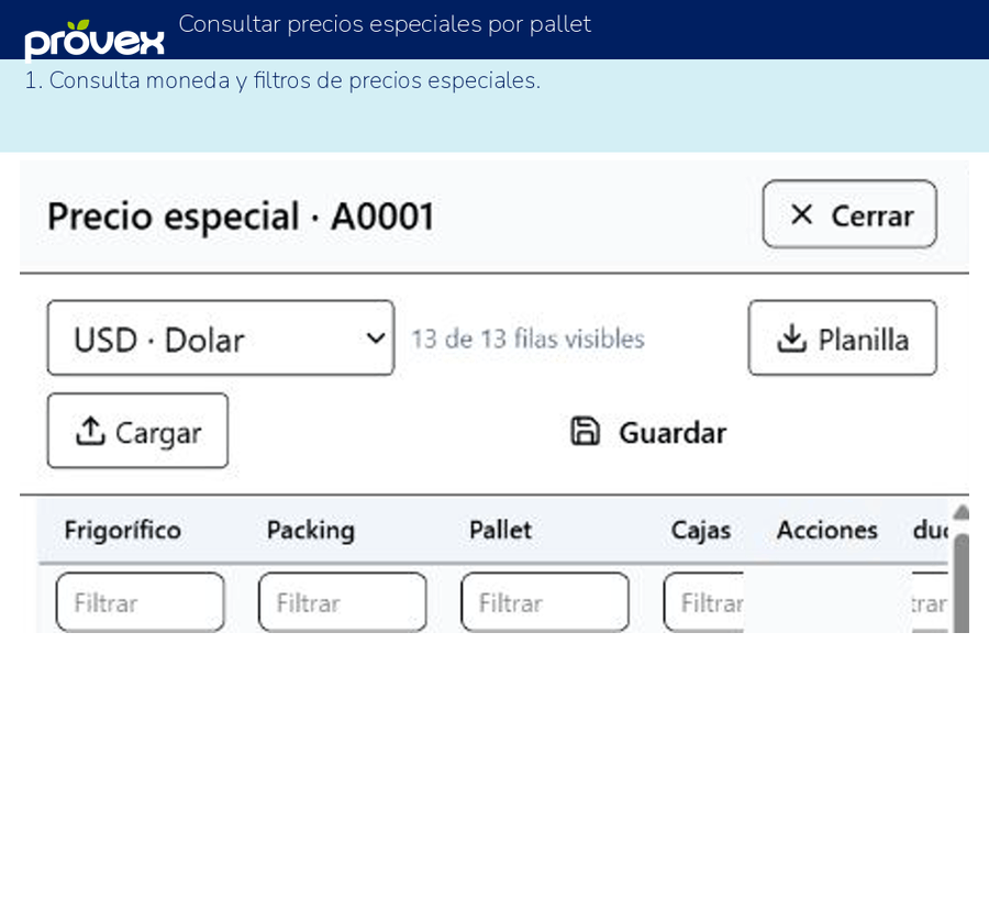 Consultar precios especiales por pallet. Capturas reales del ERP.