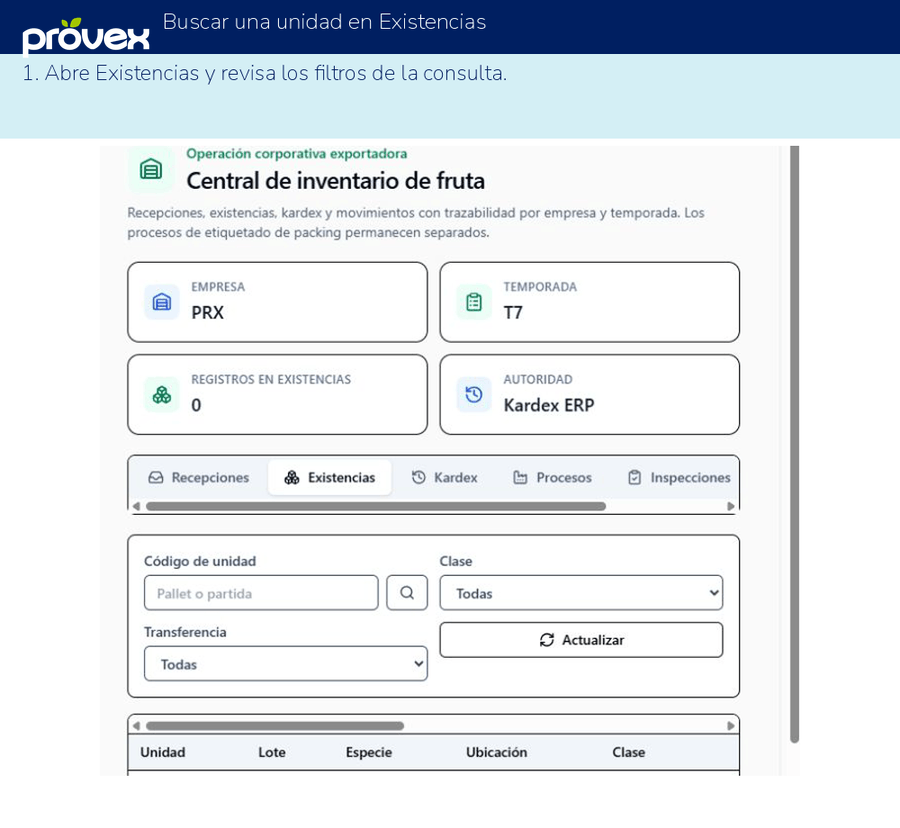 Buscar una unidad en Existencias. Capturas reales del ERP.