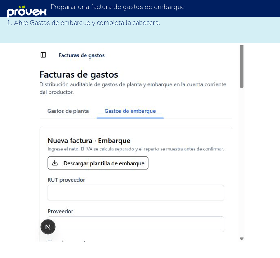 Preparar una factura de gastos de embarque. Capturas reales del ERP.