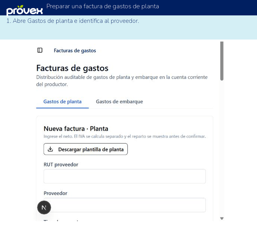 Preparar una factura de gastos de planta. Capturas reales del ERP.