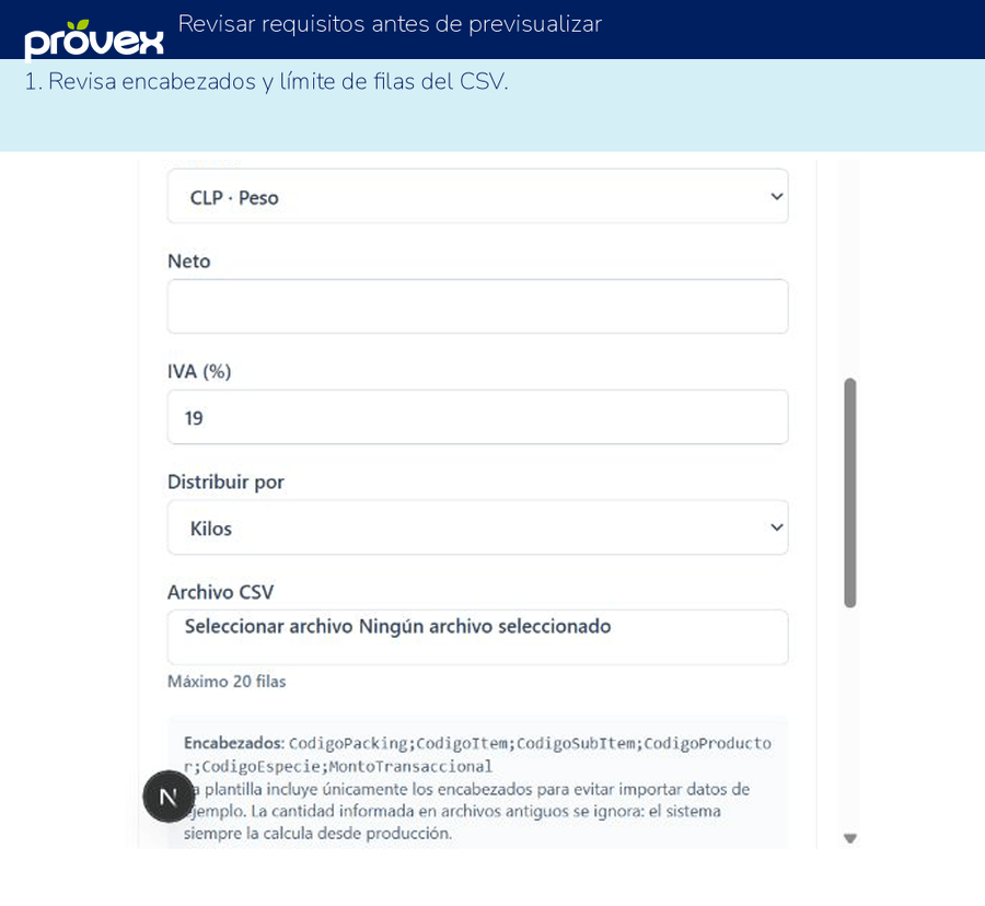 Revisar requisitos antes de previsualizar. Capturas reales del ERP.