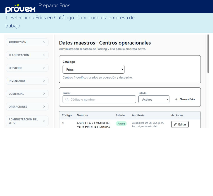 Preparar Fríos. Capturas reales del ERP.