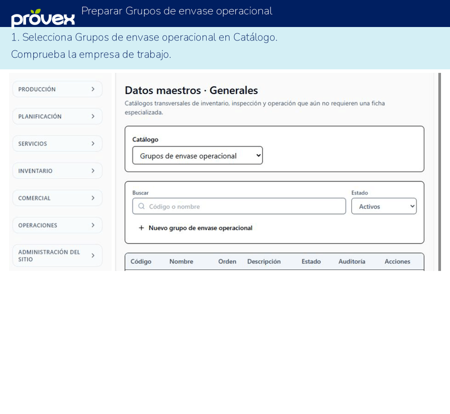 Preparar Grupos de envase operacional. Capturas reales del ERP.