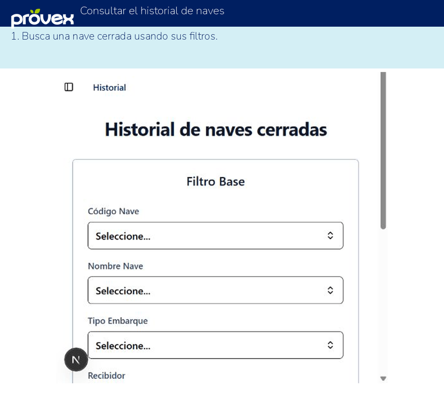 Consultar el historial de naves. Capturas reales del ERP.
