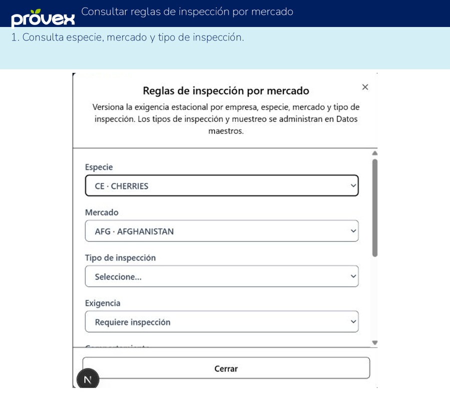 Consultar reglas de inspección por mercado. Capturas reales del ERP.