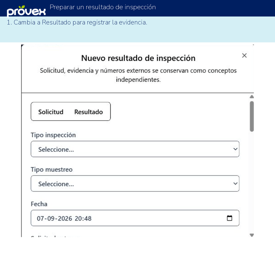 Preparar un resultado de inspección. Capturas reales del ERP.