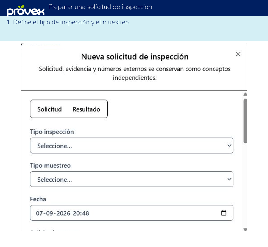 Preparar una solicitud de inspección. Capturas reales del ERP.