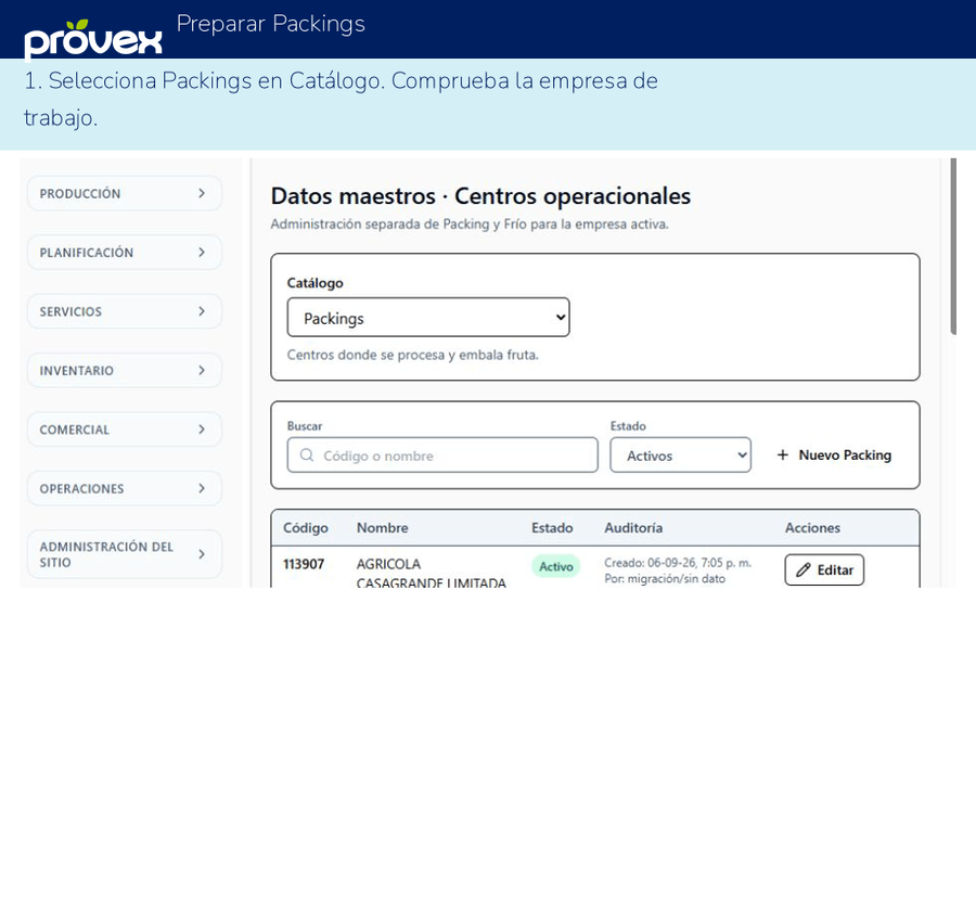 Preparar Packings. Capturas reales del ERP.