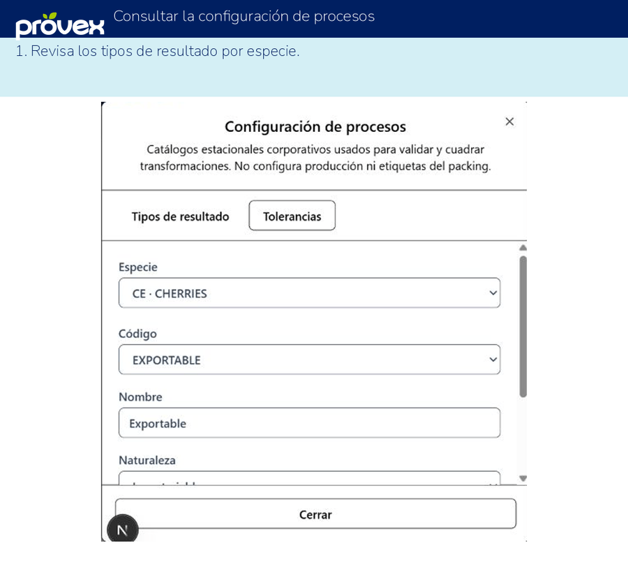 Consultar la configuración de procesos. Capturas reales del ERP.
