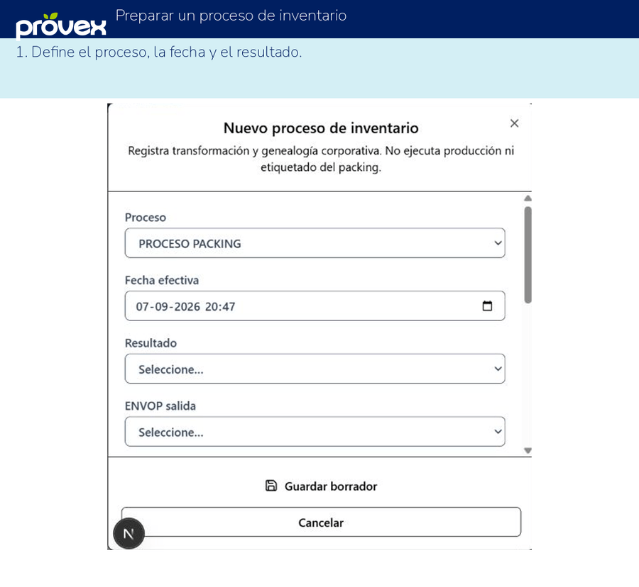 Preparar un proceso de inventario. Capturas reales del ERP.