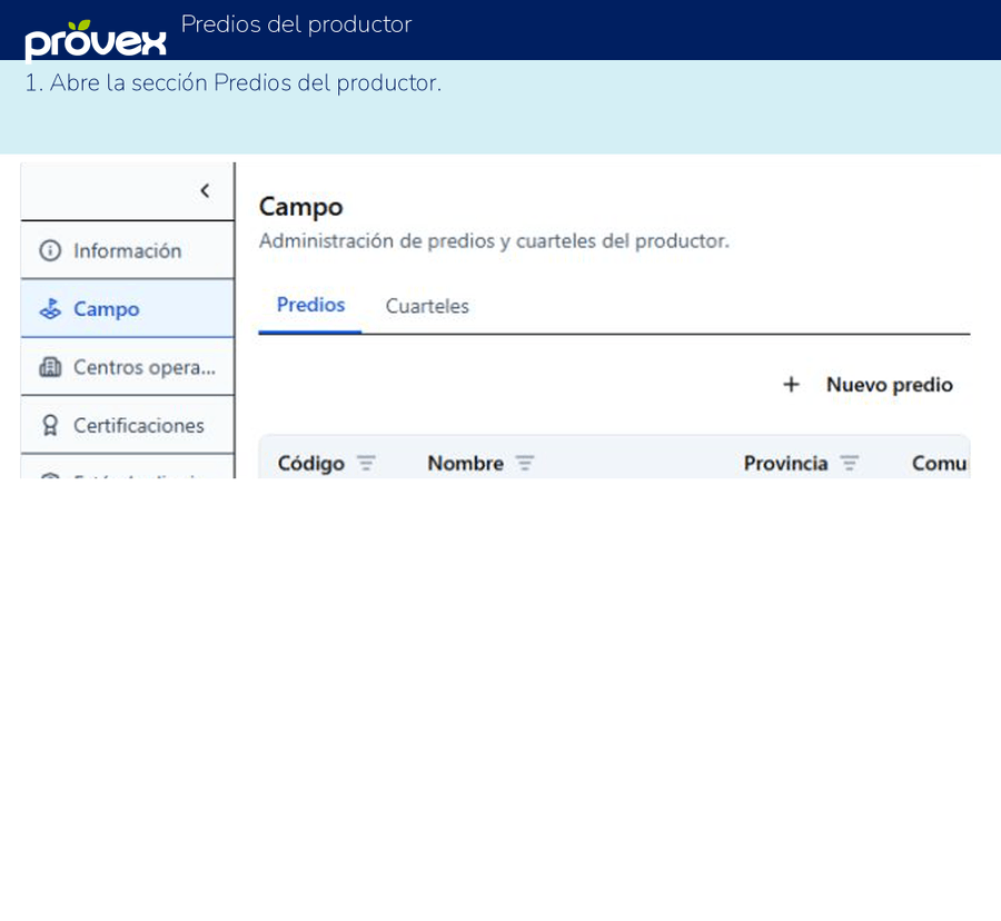 Predios del productor. Capturas reales del ERP.