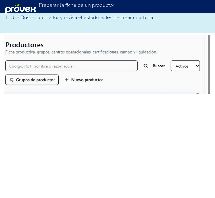 Preparar la ficha de un productor. Capturas reales del ERP.