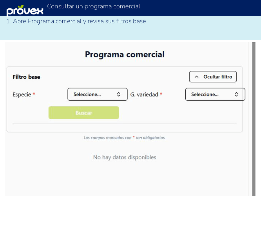 Consultar un programa comercial. Capturas reales del ERP.