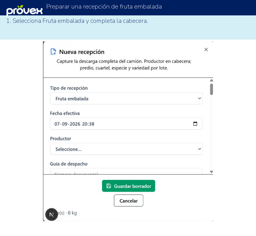 Preparar una recepción de fruta embalada. Capturas reales del ERP.