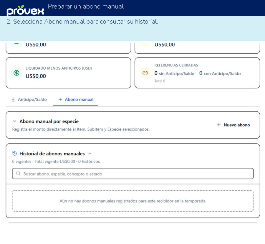 Preparar un abono manual. Capturas reales del ERP.