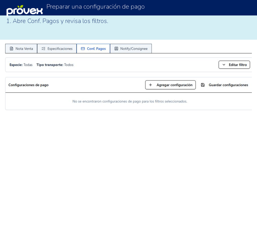 Preparar una configuración de pago. Capturas reales del ERP.