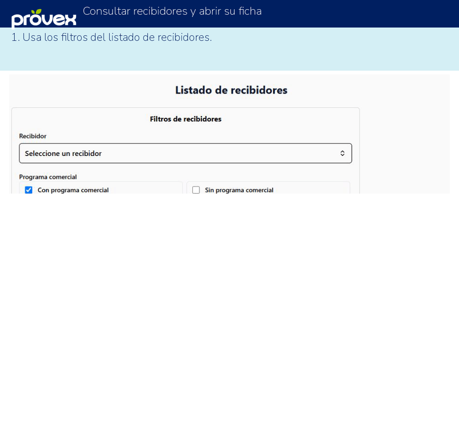 Consultar recibidores y abrir su ficha. Capturas reales del ERP.