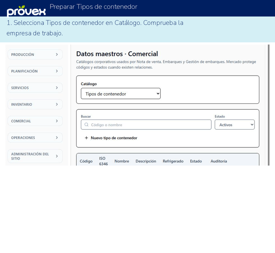 Preparar Tipos de contenedor. Capturas reales del ERP.