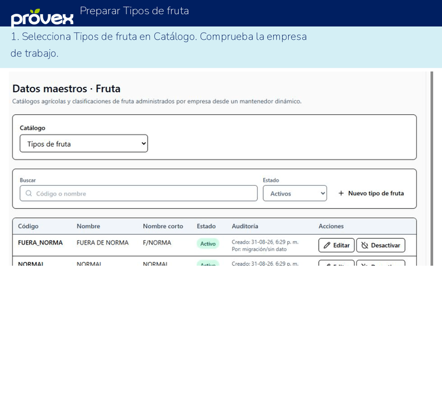 Preparar Tipos de fruta. Capturas reales del ERP.