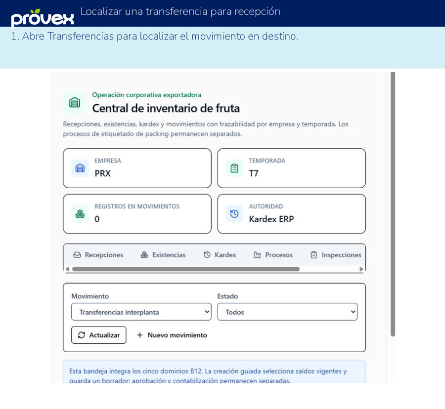 Localizar una transferencia para recepción. Capturas reales del ERP.